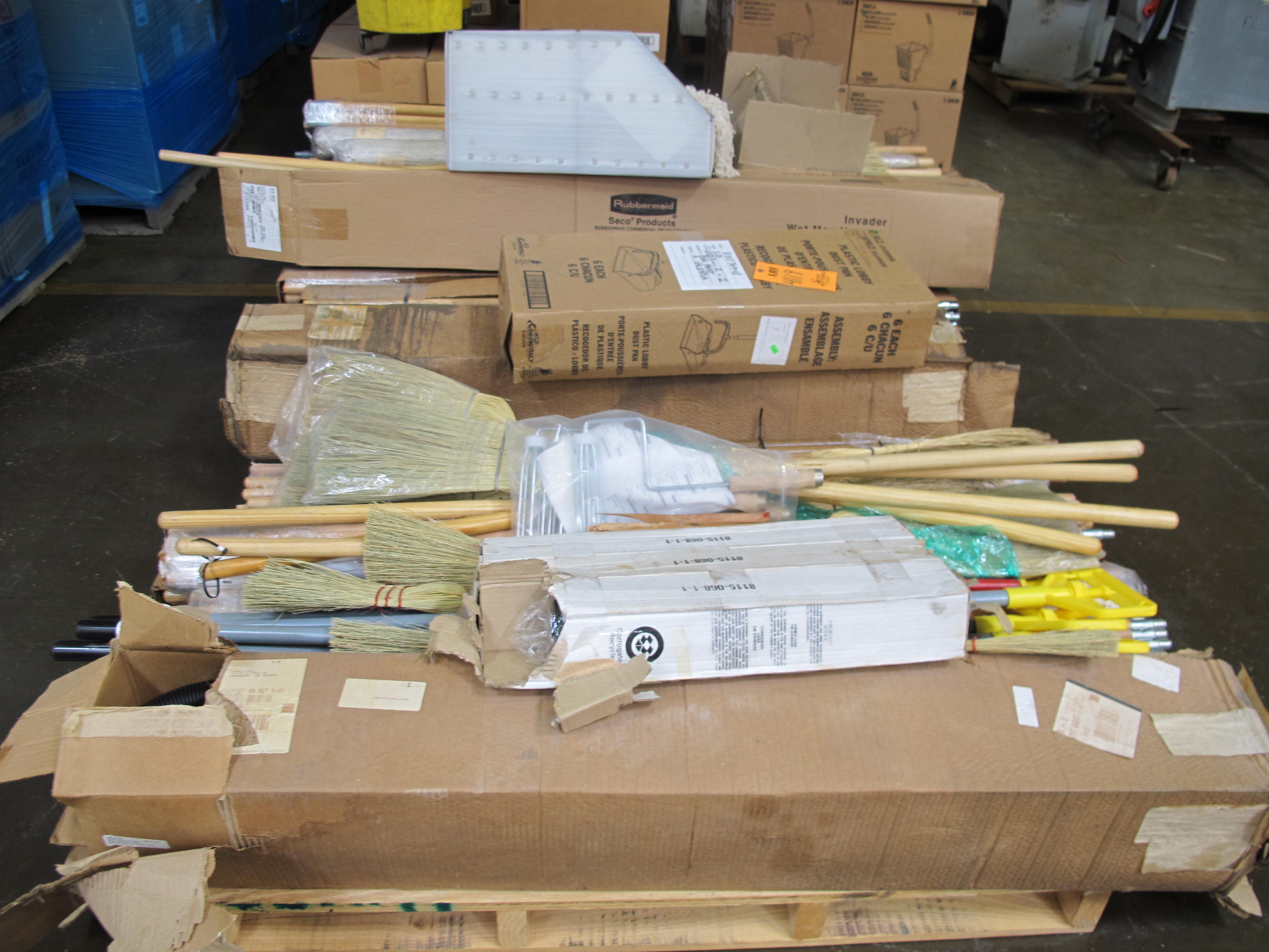LOT TO INCLUDE: LARGE QUANTITY OF BROOM HANDLES, BROOMS, DUSTPANS, BROOM HEADS, MOP HEADS. LOADING & HANDLING FEE $30-4119